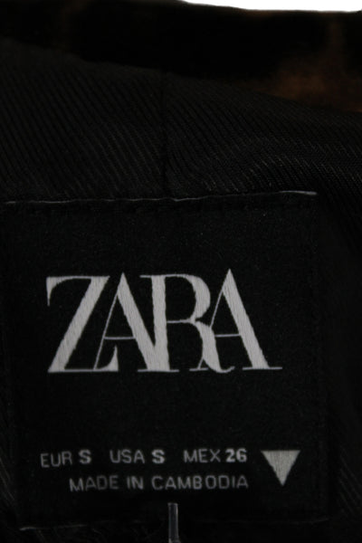 Zara Women Blazer Brown Animal Print Collared Long Sleeve Button Cotton Size S