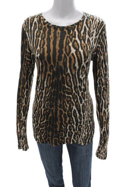 Proenza Schouler Women Beige Animal Print Jersey Tee Long Sleeve Size M