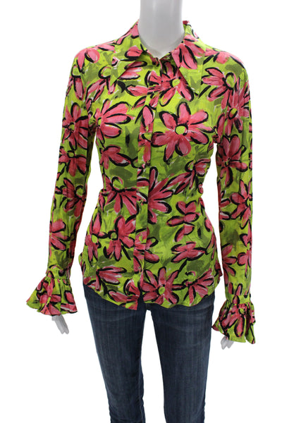 Michael Kors Collection Women Silk Floral Button Up Blouse Green Size 8