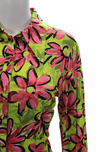 Michael Kors Collection Women Silk Floral Button Up Blouse Green Size 8