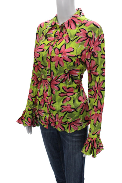 Michael Kors Collection Women Silk Floral Button Up Blouse Green Size 8