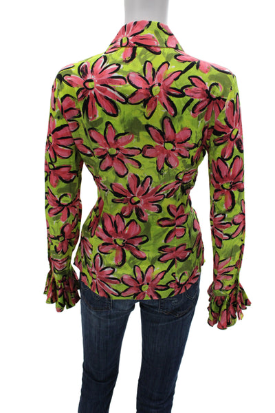 Michael Kors Collection Women Silk Floral Button Up Blouse Green Size 8