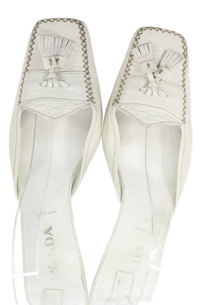 Prada Womens Leather Square Toe Mule Pumps White Size 36.5 6.5