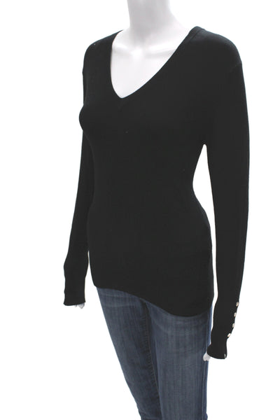 Zara Women Black V-Neck Button Pullover Sweater Long Sleeve Size L