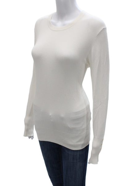 Zara Women Basic White Crew Neck Long Sleeve Sweater Button Closure Size L