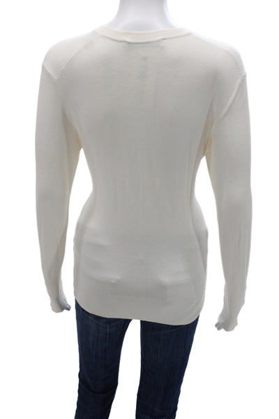 Zara Women Basic White Crew Neck Long Sleeve Sweater Button Closure Size L