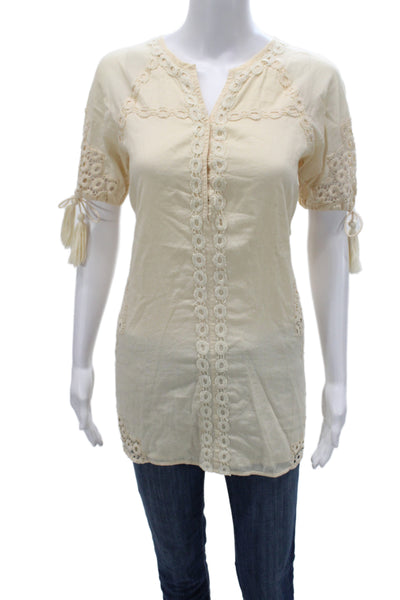 Tularosa Women Tunic Blouse Beige Cotton V-Neck Short Sleeve Boho Size XS