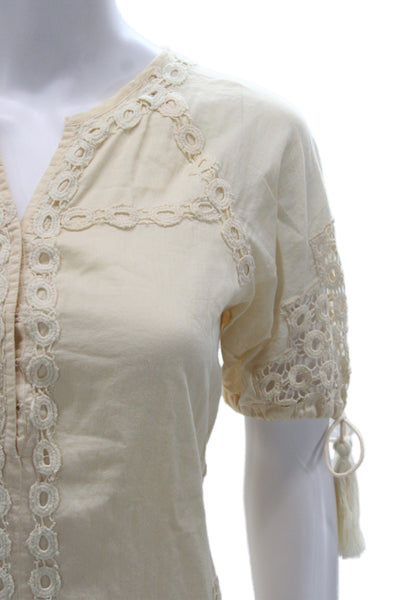 Tularosa Women Tunic Blouse Beige Cotton V-Neck Short Sleeve Boho Size XS