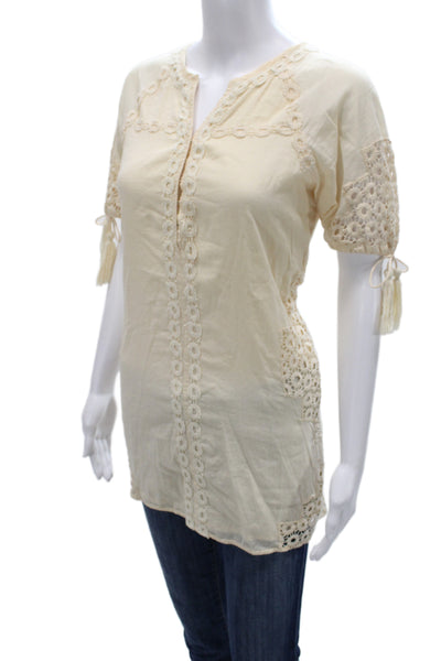 Tularosa Women Tunic Blouse Beige Cotton V-Neck Short Sleeve Boho Size XS
