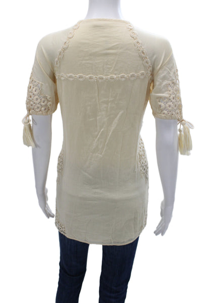 Tularosa Women Tunic Blouse Beige Cotton V-Neck Short Sleeve Boho Size XS