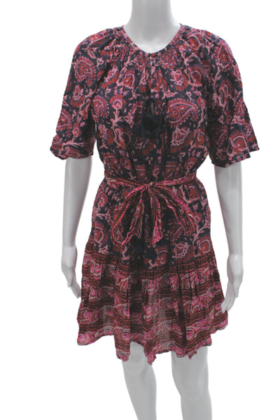 Figue Womens Blouson Mini Dress Dark Blue Paisley Cotton Round Neck Size XS