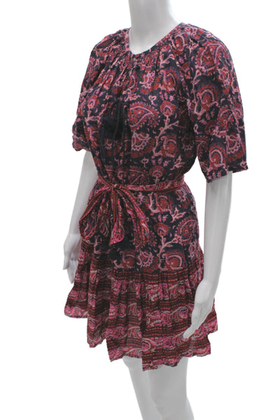 Figue Womens Blouson Mini Dress Dark Blue Paisley Cotton Round Neck Size XS