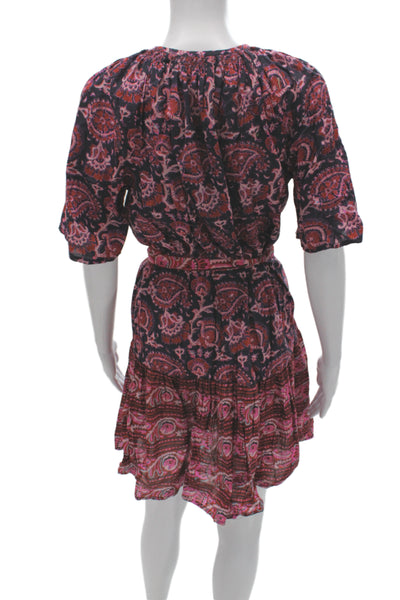 Figue Womens Blouson Mini Dress Dark Blue Paisley Cotton Round Neck Size XS