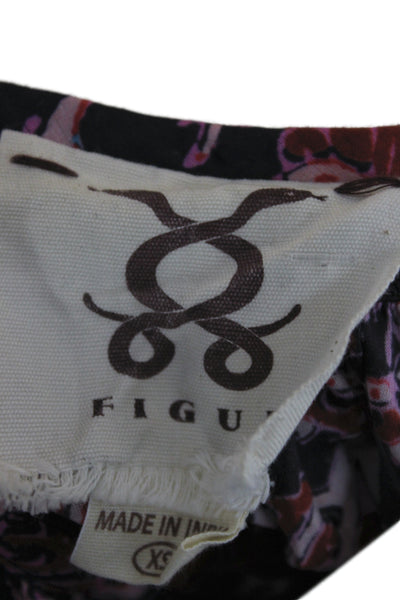 Figue Womens Blouson Mini Dress Dark Blue Paisley Cotton Round Neck Size XS