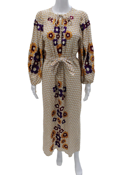 Antik Batik Women Kaftan Maxi Dress Beige Floral Round Neck Size XS