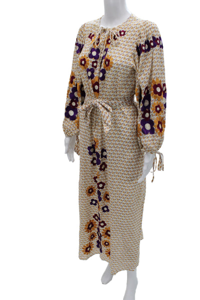 Antik Batik Women Kaftan Maxi Dress Beige Floral Round Neck Size XS