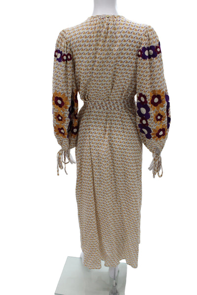 Antik Batik Women Kaftan Maxi Dress Beige Floral Round Neck Size XS