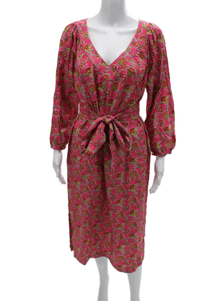 J Crew Womens Wrap Dress Pink Floral Cotton Long Sleeve Mid Calf Size XS
