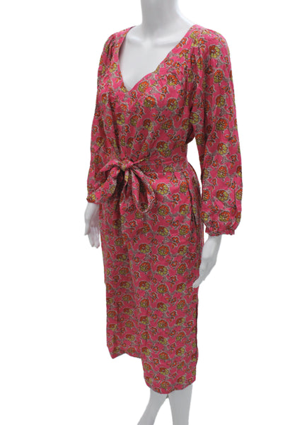 J Crew Womens Wrap Dress Pink Floral Cotton Long Sleeve Mid Calf Size XS