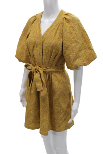 Shoshanna Womens Yellow Cotton Shirt Wrap Dress V-Neck Button Mini Size 0