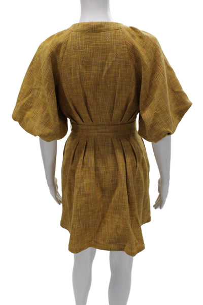 Shoshanna Womens Yellow Cotton Shirt Wrap Dress V-Neck Button Mini Size 0