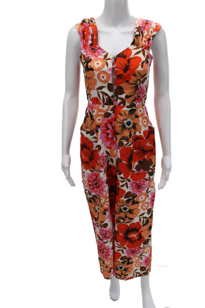 Alice McCall Womens Orange Floral V Neck Sleeveless Jumpsuit 70% Cotton Size 2