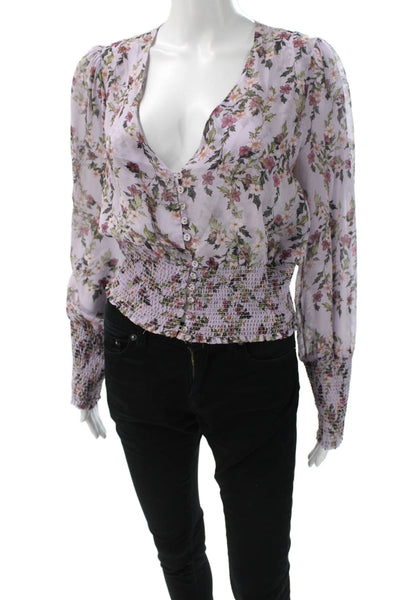 Intermix Womens Purple Silk V-Neck Floral Button Up Long Sleeve Blouse Size L