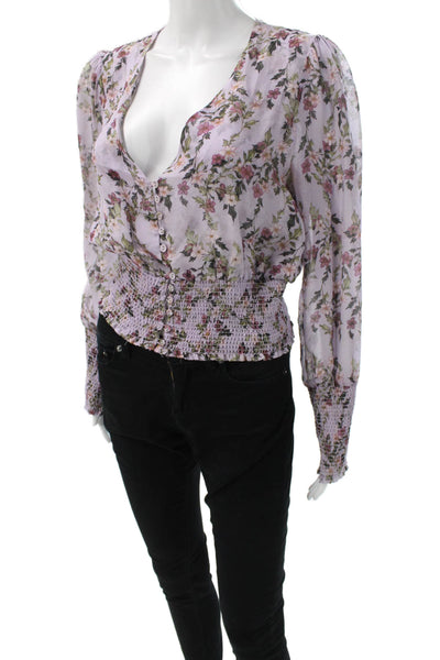 Intermix Womens Purple Silk V-Neck Floral Button Up Long Sleeve Blouse Size L