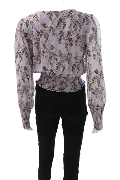 Intermix Womens Purple Silk V-Neck Floral Button Up Long Sleeve Blouse Size L