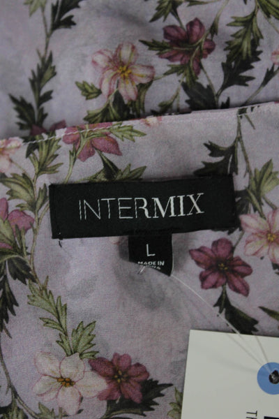 Intermix Womens Purple Silk V-Neck Floral Button Up Long Sleeve Blouse Size L