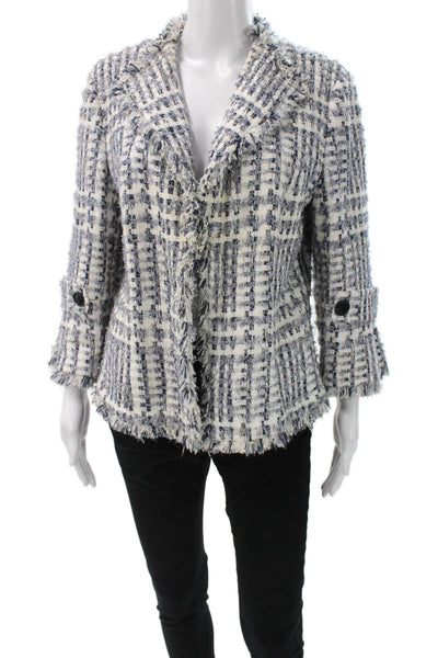 Lafayette 148 New York Women White Checked Collared 3/4 Sleeve Blazer Size 12