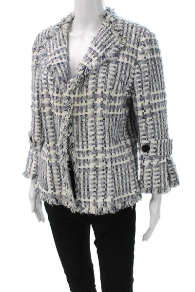 Lafayette 148 New York Women White Checked Collared 3/4 Sleeve Blazer Size 12