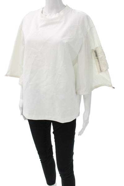 Meimeij Women Designer White Crew Neck Zip Short Sleeve T-Shirt Size 42