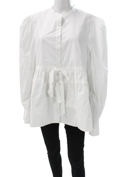 Meimeij Women Tunic Blouse White High Neck Long Sleeve Button Cotton Size 46