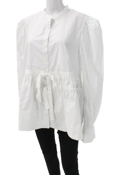 Meimeij Women Tunic Blouse White High Neck Long Sleeve Button Cotton Size 46