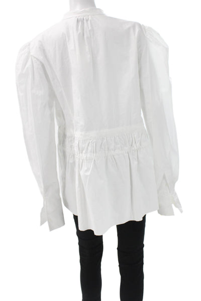 Meimeij Women Tunic Blouse White High Neck Long Sleeve Button Cotton Size 46