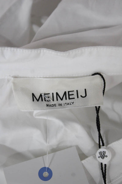 Meimeij Women Tunic Blouse White High Neck Long Sleeve Button Cotton Size 46