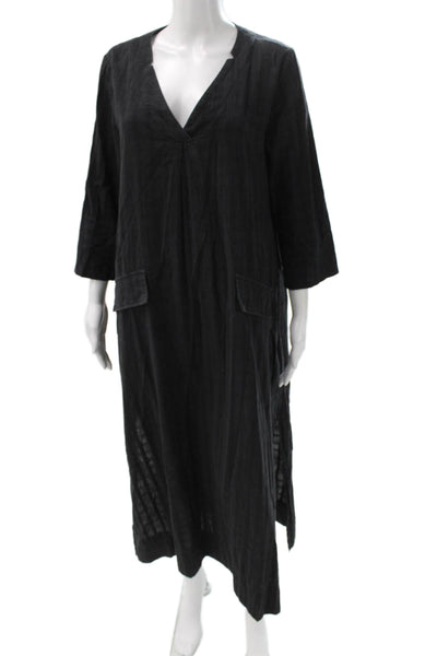 Pomander Place Women Kaftan Maxi Dress Black V-Neck Cotton Knee Size M