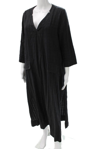 Pomander Place Women Kaftan Maxi Dress Black V-Neck Cotton Knee Size M