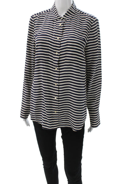 J Crew Women Dark Blue Striped Silk Collared Long Sleeve Button-Up Size 6