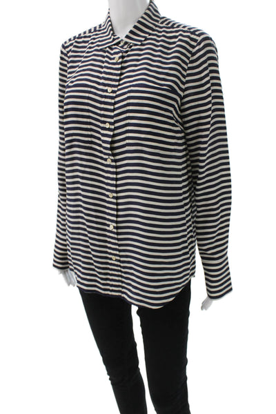 J Crew Women Dark Blue Striped Silk Collared Long Sleeve Button-Up Size 6