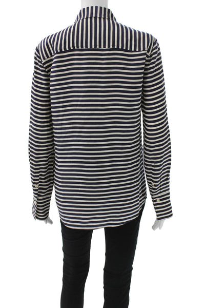 J Crew Women Dark Blue Striped Silk Collared Long Sleeve Button-Up Size 6