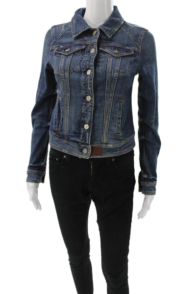 Pilcro Anthropologie Women Dark Blue Collared Jacket Cotton Blend Size XS