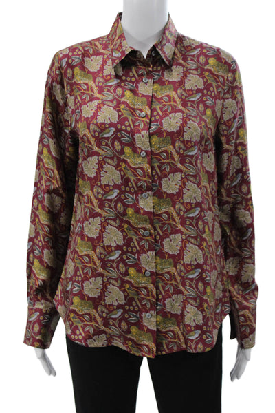J Crew Collection Women Silk Button-Up Floral Blouse Red Long Sleeve Size 8