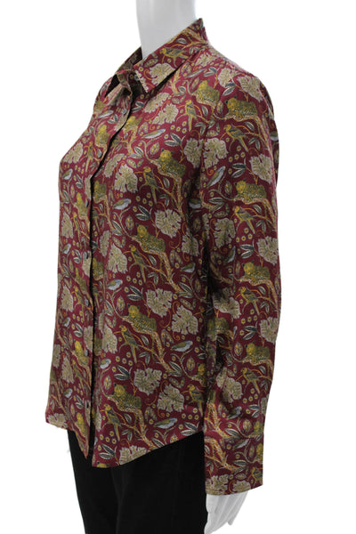 J Crew Collection Women Silk Button-Up Floral Blouse Red Long Sleeve Size 8