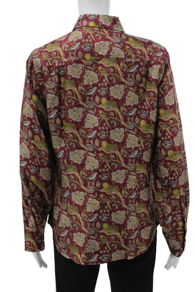 J Crew Collection Women Silk Button-Up Floral Blouse Red Long Sleeve Size 8