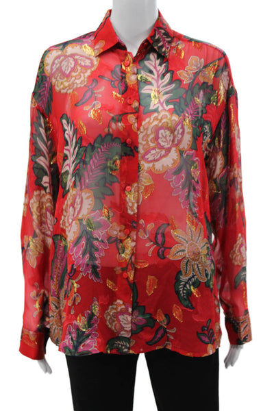 The Kooples Womens Red Floral Silk Blend Buttonup Blouse Size 2