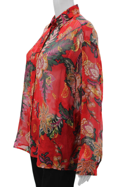 The Kooples Womens Red Floral Silk Blend Buttonup Blouse Size 2