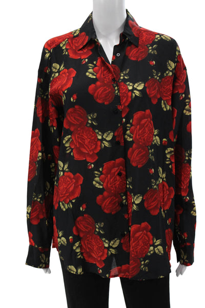 The Kooples Womens Black Floral Silk Collared Button Up Blouse Size 2