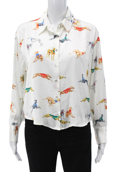 Zara Women White Collared Animal Graphic Button Up Blouse Long Sleeve Size XS
